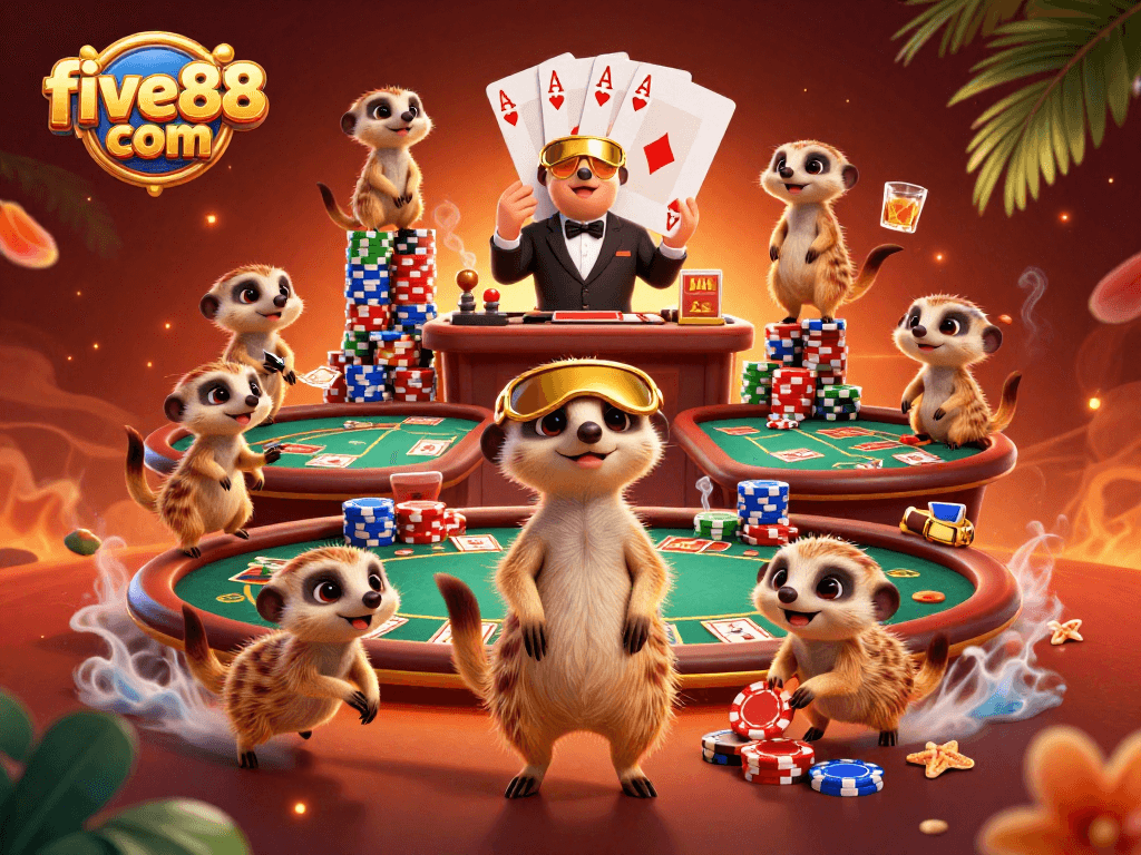 Experience the thrilling casino world of five88 com with unique meerkat characters managing games and poker