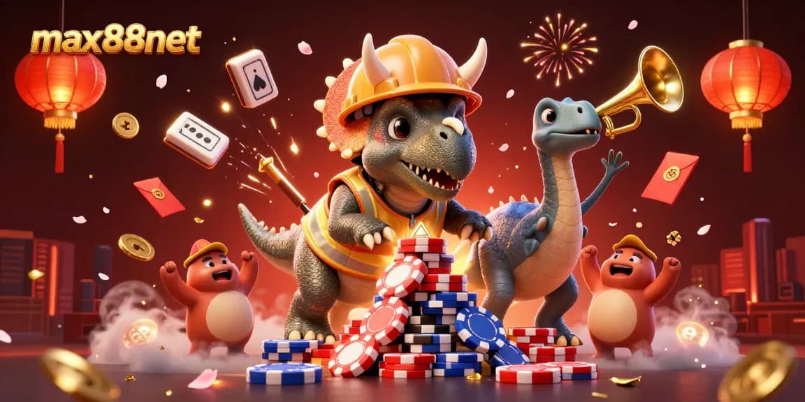 Engage in excitement with max88net's lively 3D illustration of gaming fun, featuring vibrant characters and casino elements.