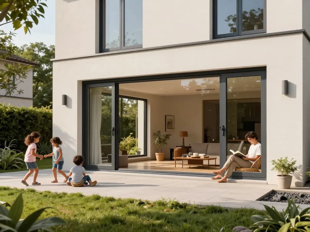 Moderne Wohnung mit fenster schüco Fenstern und Türen, die Energieeffizienz und stilvolles Design im natürlichen Licht präsentieren.