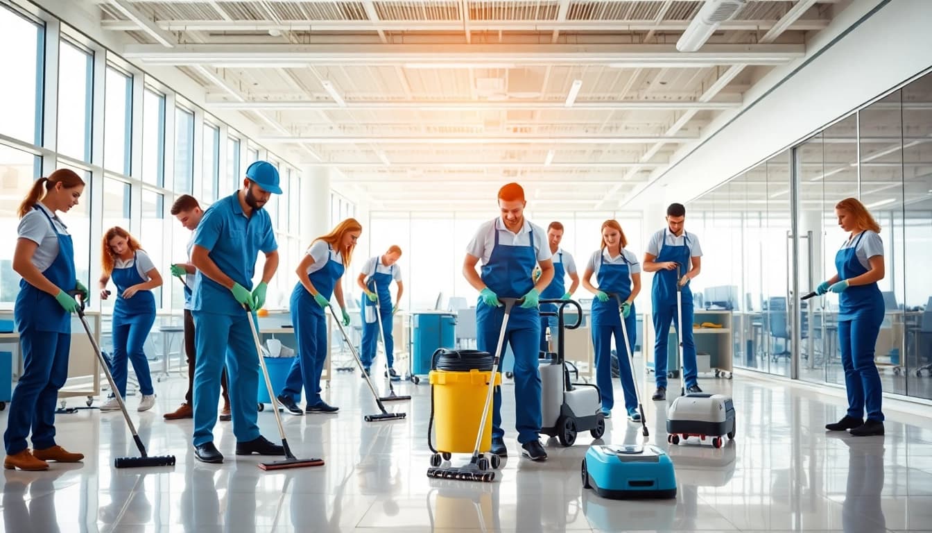 Effiziente Gebäudereinigung Ulm durch ein engagiertes Team in einem modernen Büro.