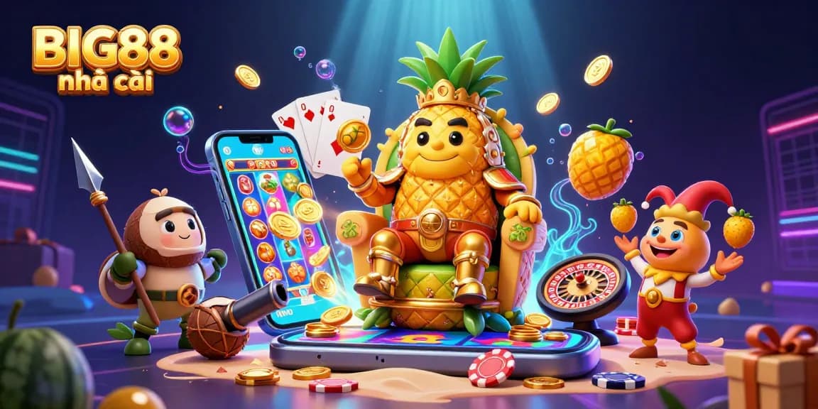 Experience the excitement of BIG88 nhà cái with a vibrant casino scene featuring a pineapple king and dynamic game elements.