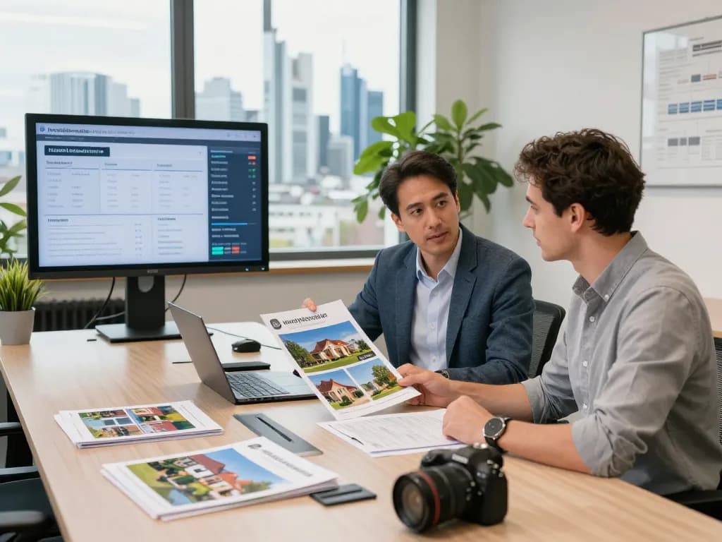 Immobilienmakler Frankfurt Eckenheim präsentiert Immobilienoptionen in einem modernen Büro mit Stadtblick.