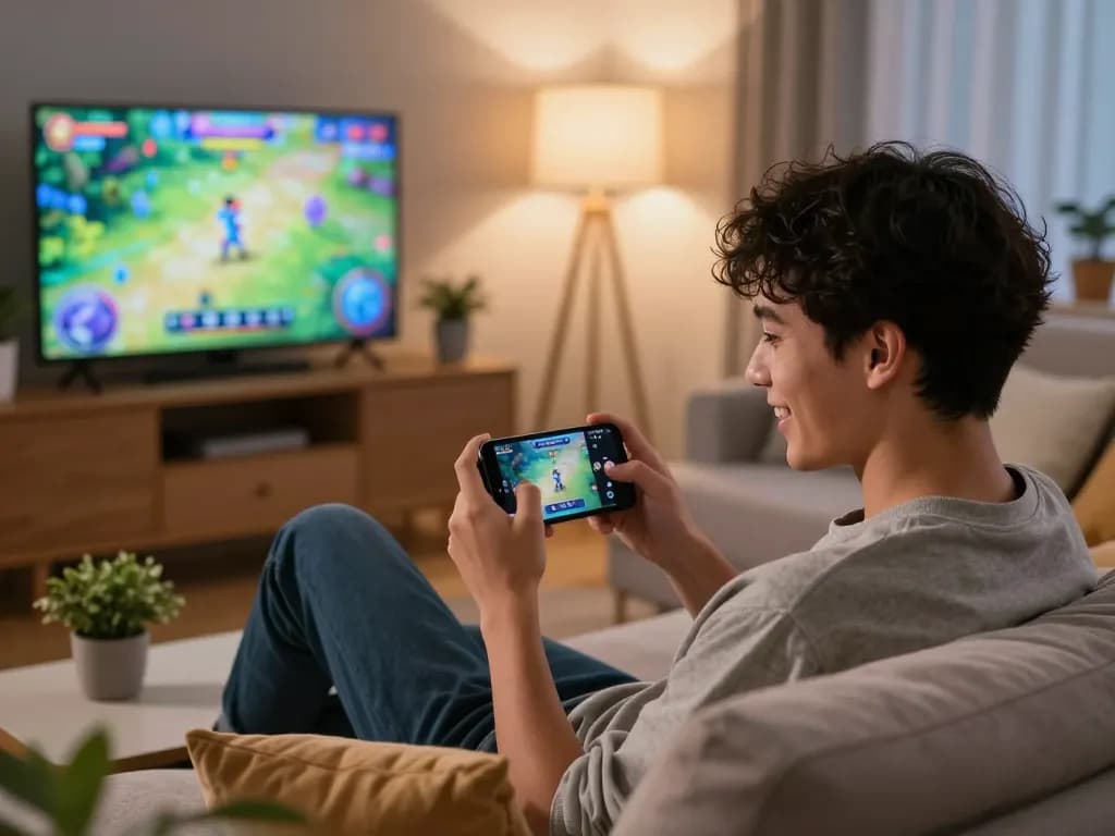 Engaging in free mobile porn games in a cozy living room setting with smartphone.