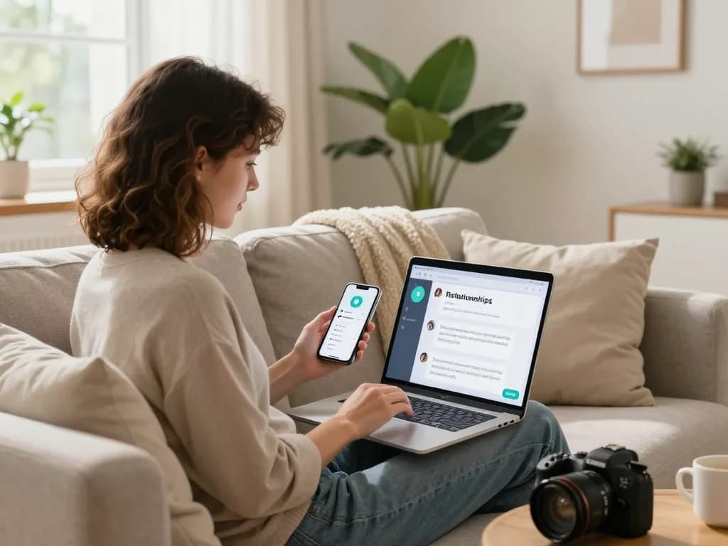 Engaging in a sex AI chat from a cozy home office, capturing a digital interaction.