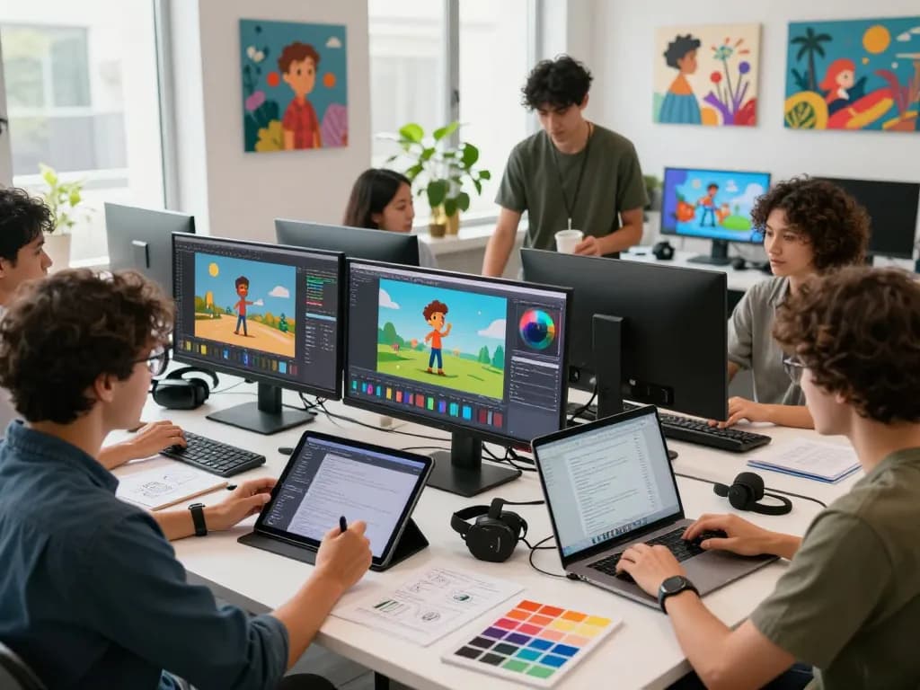 Diverse team of artists collaborating on animated projects with Kling AI 2.24 in a bright creative studio.