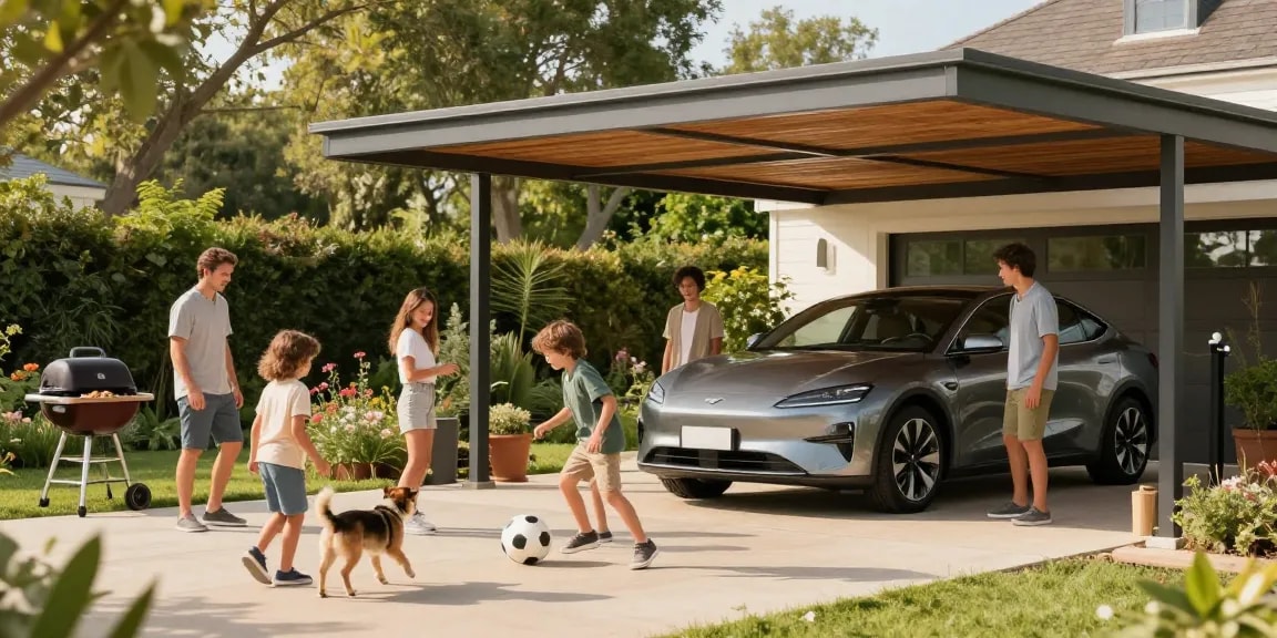 Moderne Carport-Szene mit Familie, die an einem sonnigen Tag spielt und einen Wagen schützt.