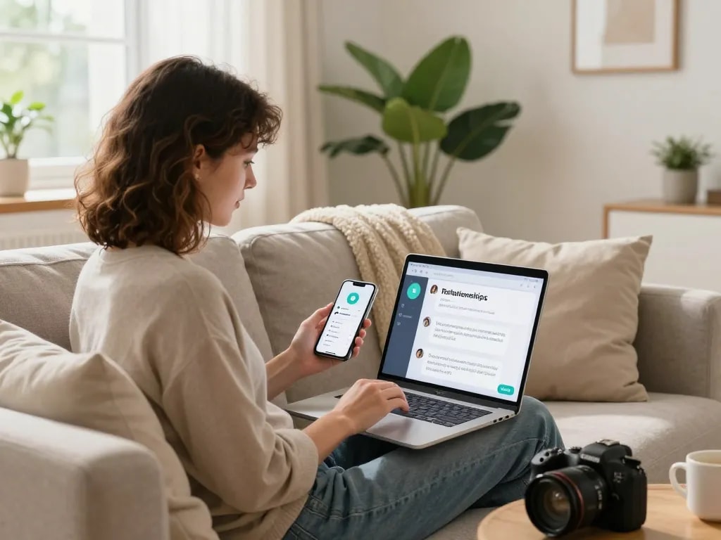 Engaging in a sex AI chat from a cozy home office, capturing a digital interaction.
