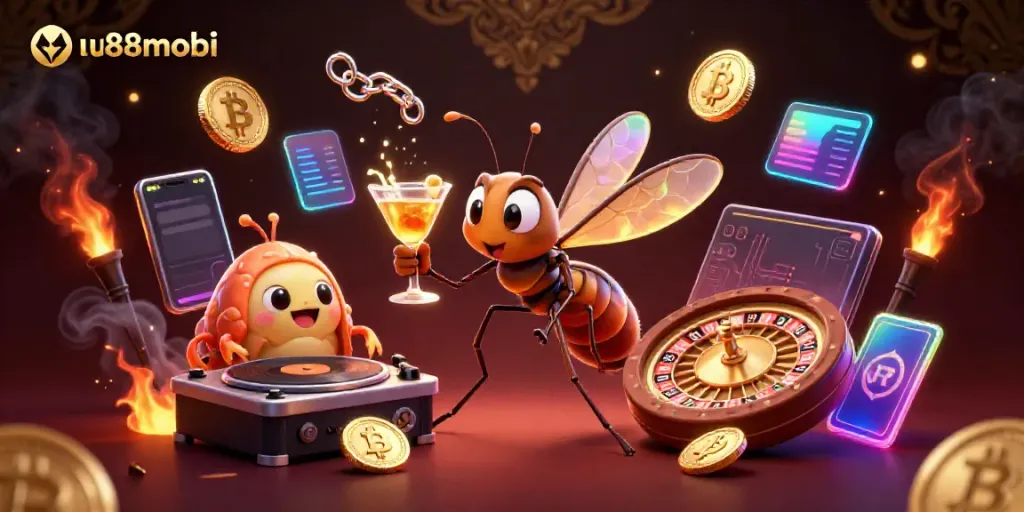 Witness the thrilling world of mu88mobi with a lively 3D casino scene featuring vibrant characters.