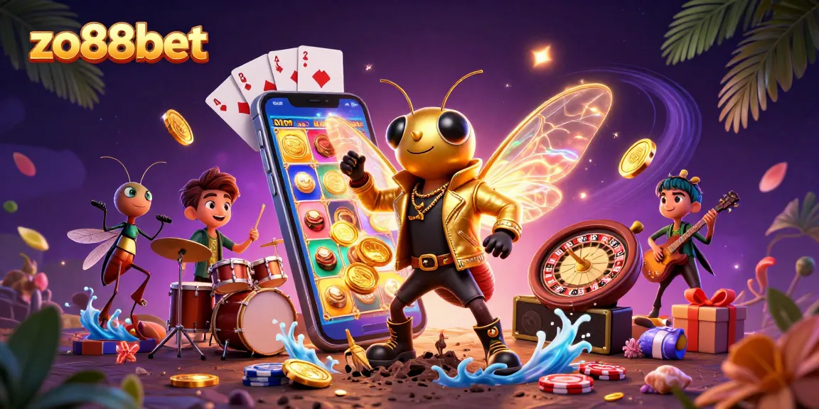 Experience the thrill of winning with zo88bet featuring a lively rock star scene in this vibrant casino illustration.