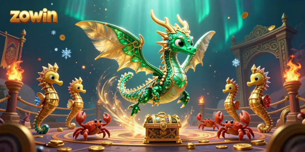 Catch the excitement at Zowin with a stunning underwater scene featuring an emerald sea dragon and treasures!