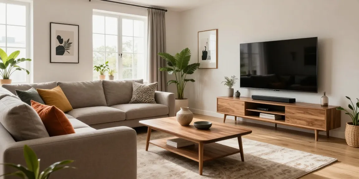 Gemütliche Wohnzimmer-Szene ideal für Möbel Online Kaufen mit modernem Sofa und stilvoller Dekoration.