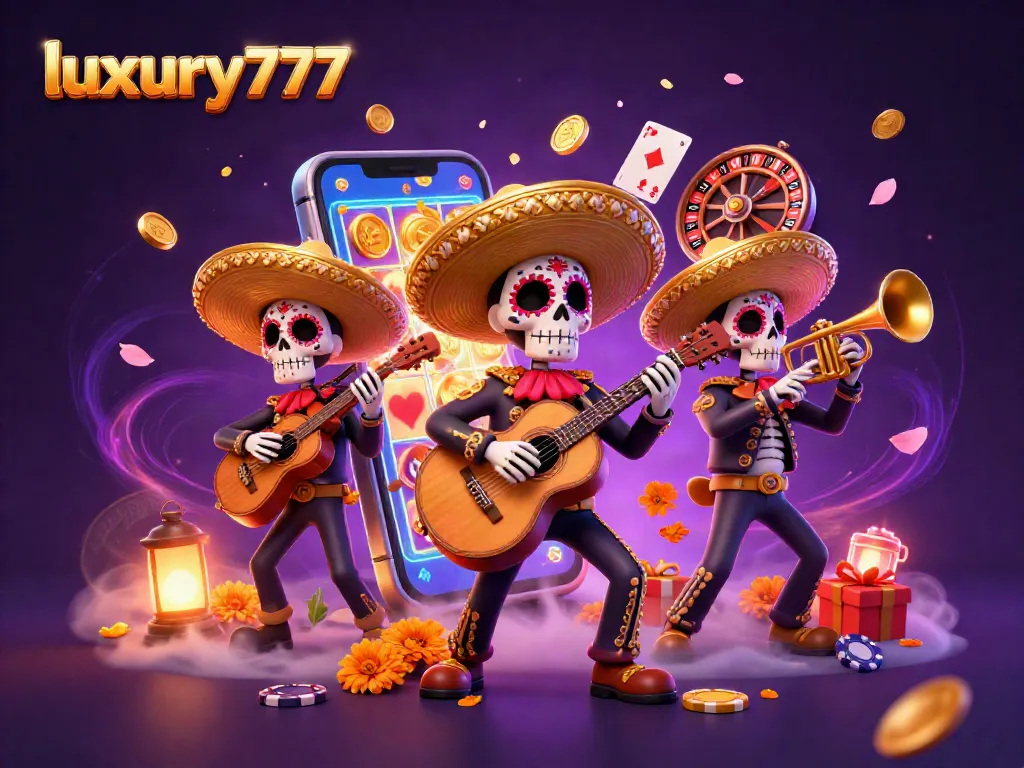 Experience thrill with luxury777 as vibrant mariachi characters embrace luck and fortune in a colorful casino scene.