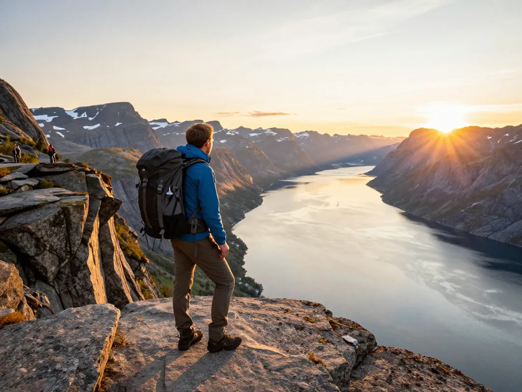 Erleben Sie einen wunderschönen Sonnenuntergang während des Urlaubs in Skandinavien, mit beeindruckendem Fjordblick in Norwegen.