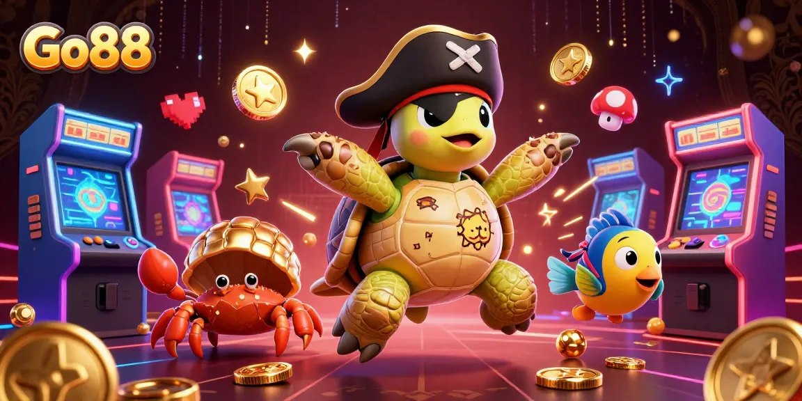 Engage with Go88's dynamic gaming environment featuring a pirate turtle, treasures, and vibrant arcade elements.