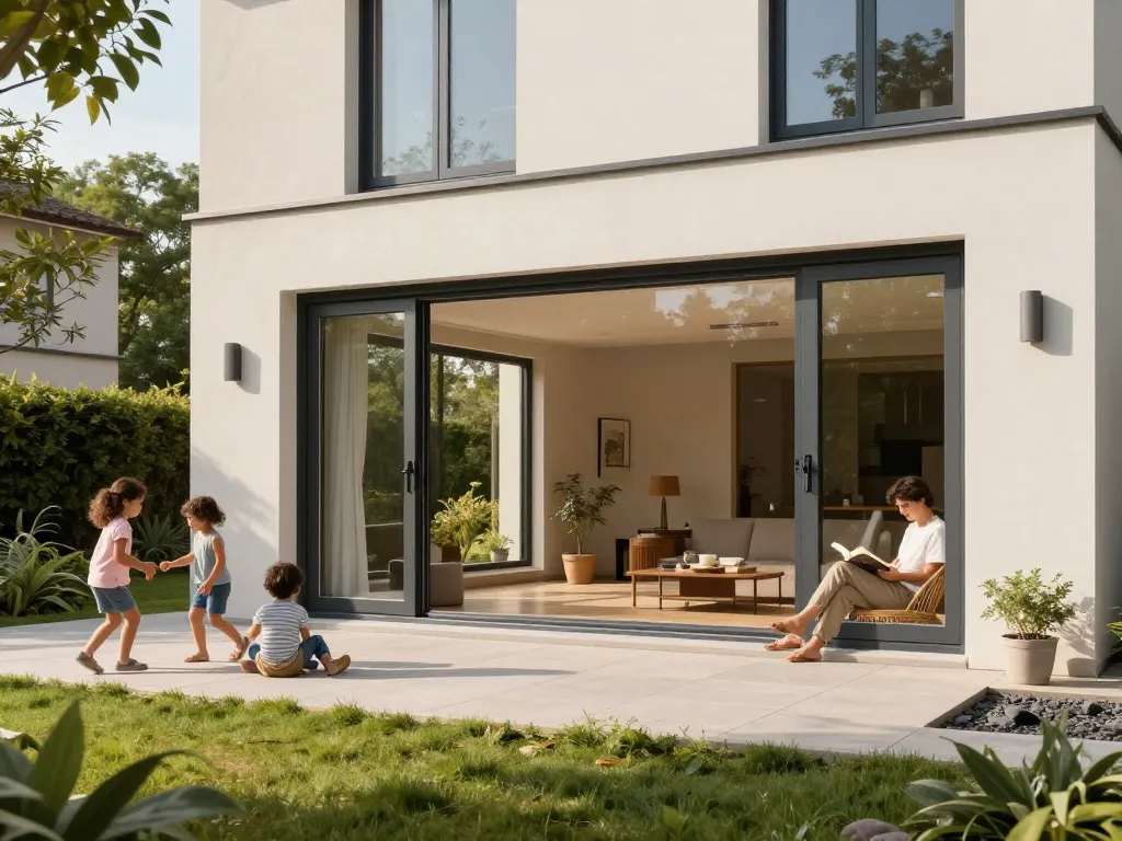 Moderne Wohnung mit fenster schüco Fenstern und Türen, die Energieeffizienz und stilvolles Design im natürlichen Licht präsentieren.