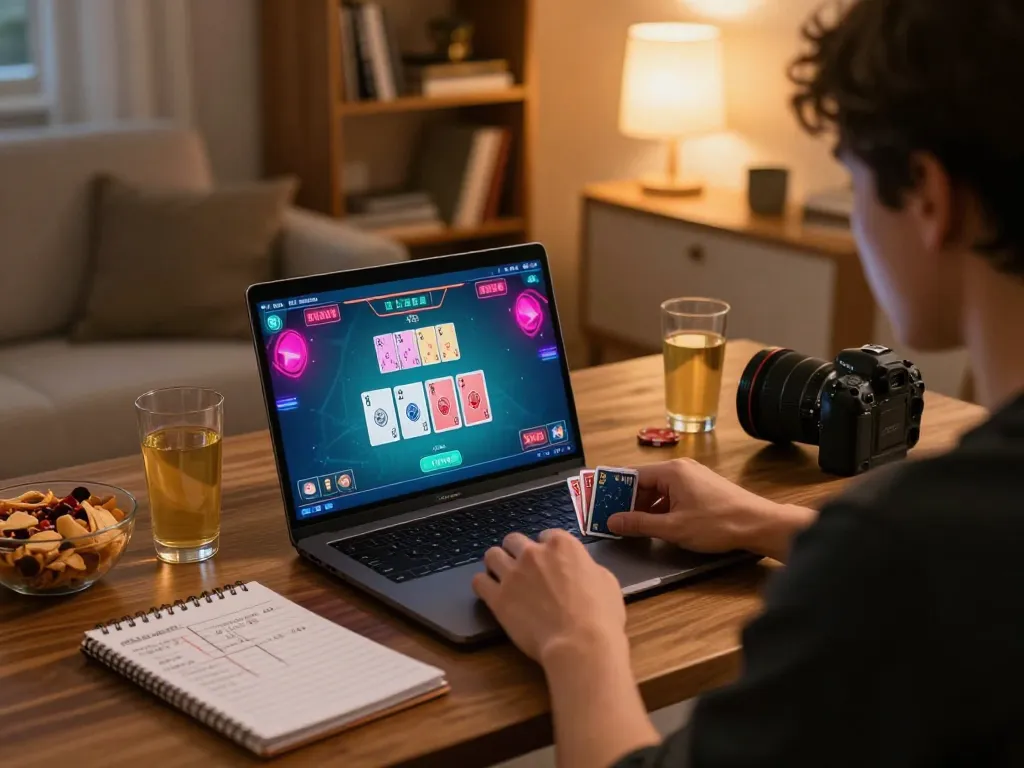 Engaging in online poker on a laptop at home, showcasing F168 gaming strategies and cozy atmosphere.