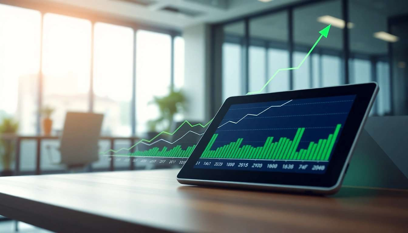 ETF Performance grafisch dargestellt mit einem aufsteigenden Trend in einem modernen Büro.