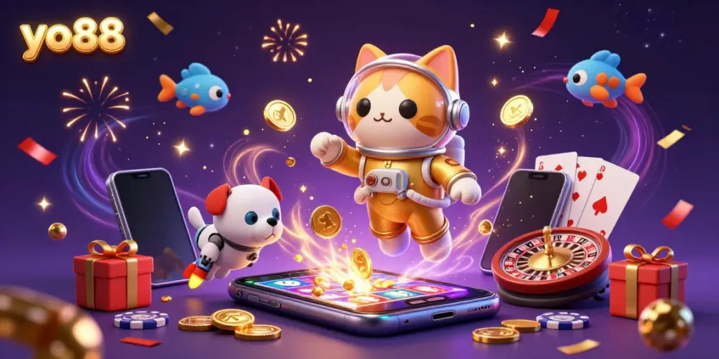 Engage in thrilling adventure with yo88 as a space astronaut cat and its robotic dog in a vibrant casino galaxy.