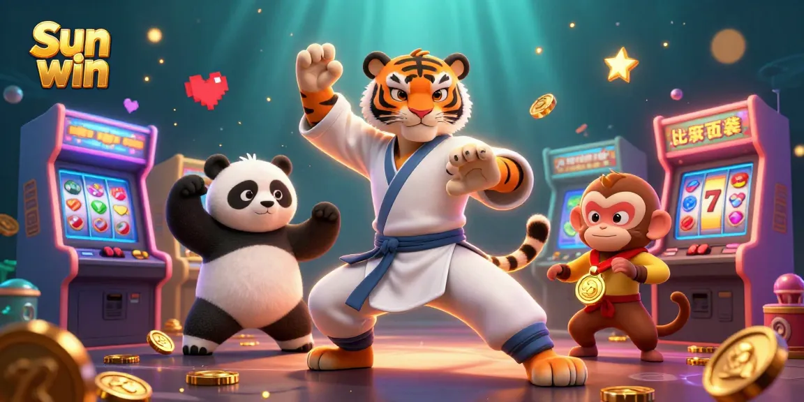 Win big with Sun win in this vibrant 3D casino scene full of slots and arcade game elements.