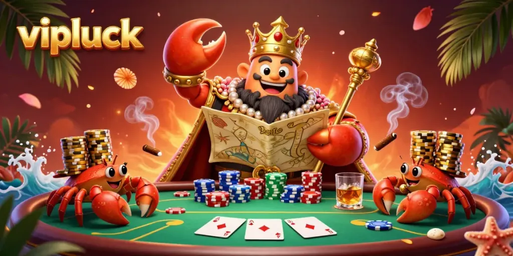 Engage with vipluck casino's vibrant atmosphere featuring a majestic golden crab emperor and poker fun.