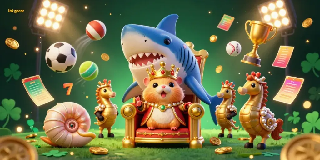Engage with the link gacor in this vibrant 3D illustration featuring a golden hamster king on a megalodon throne, amidst thrilling slot game elements.