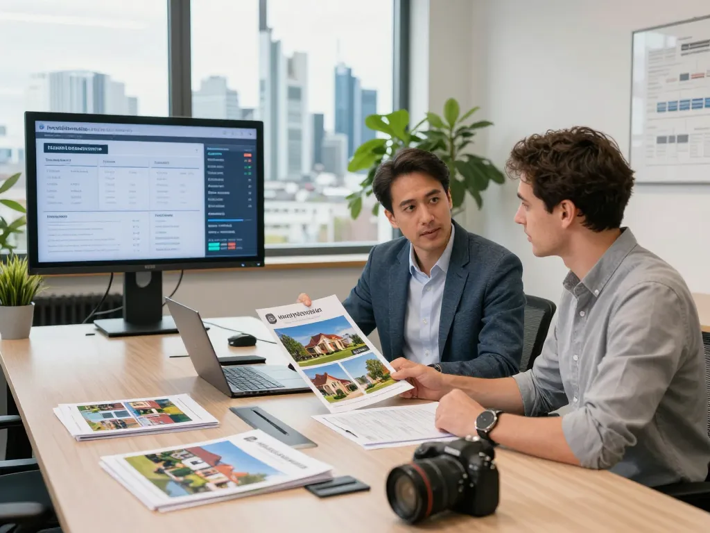 Immobilienmakler Frankfurt Eckenheim präsentiert Immobilienoptionen in einem modernen Büro mit Stadtblick.