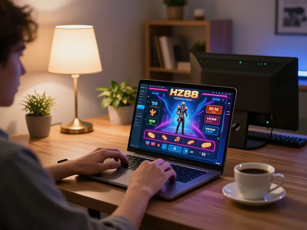 Engaging in online gameplay on HZ88's vibrant casino interface at home, showcasing comfort and strategy.