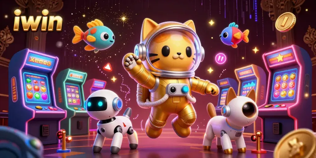 Spin to win with iwin in a vibrant casino scene featuring a golden cat astronaut and colorful gaming elements.