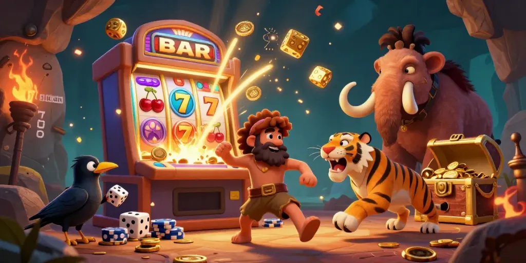 Experience excitement with a jackpot explosion in this link slot illustration featuring a cartoon caveman and tiger.