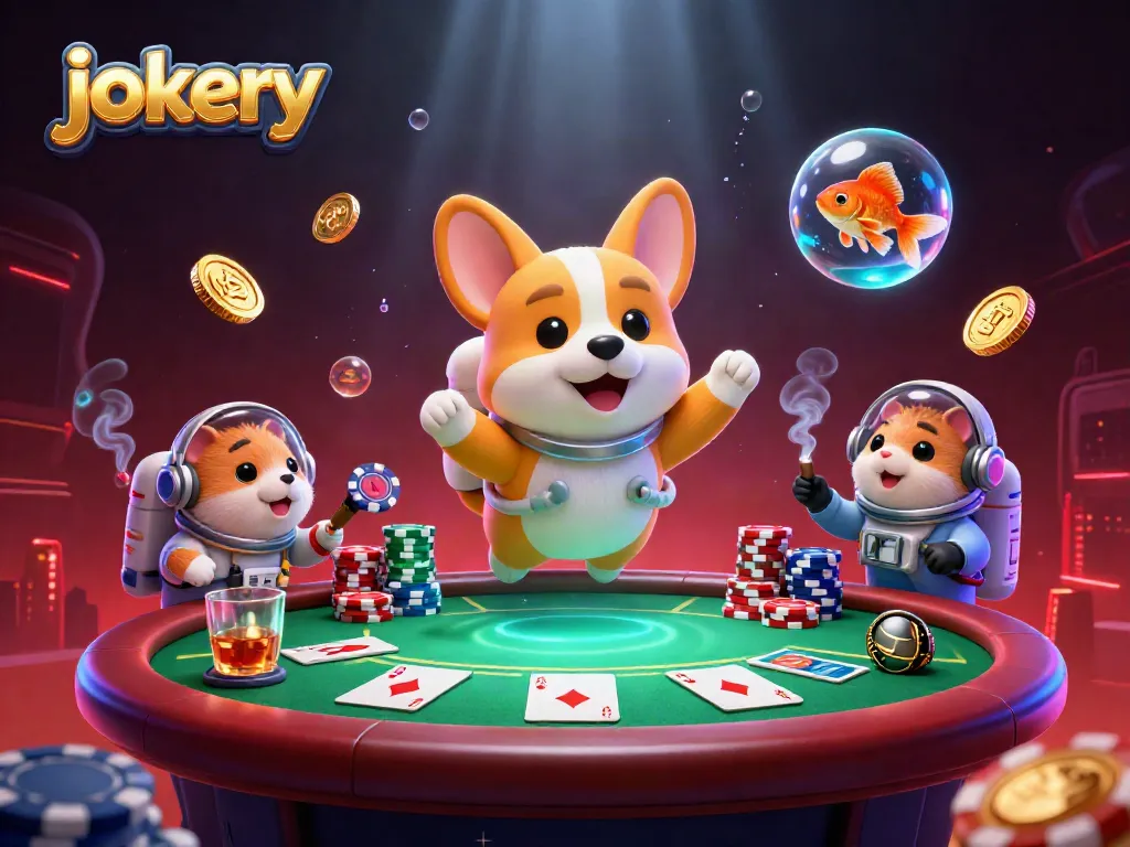 Engage with the thrilling experience of jokery in a 3D casino scene filled with floating poker elements.