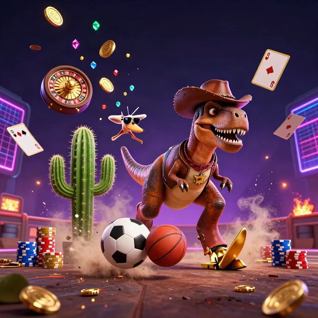 Cowboy-T-Rex, Kaktus und Roadrunner in Neon-Casino-Action mit Bällen und Chips.