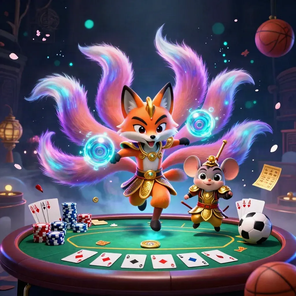 Leuchtender Fuchsgeist mit Samurai-Maus, Pokerchips und Sportbällen im Casino-Glanz