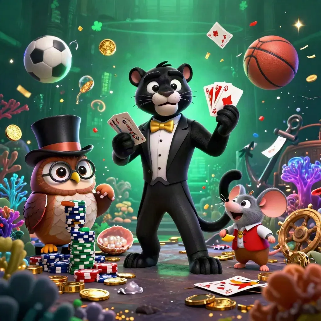 Panther, Eule und Maus im Casino-Unterwasserbild mit Goldregen, Karten und Sportball.
