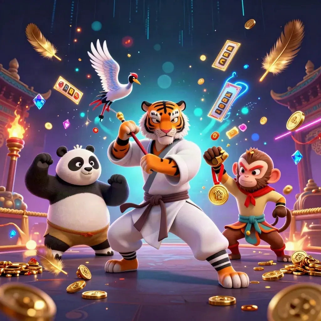 Kampfkunst-Tiger, Panda und Affe vor Tempeltor mit Gold, Funken und Neonlicht.
