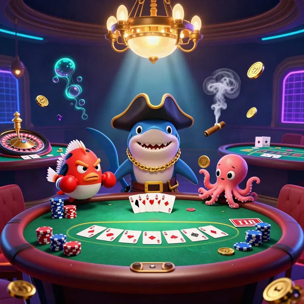 Piratenhai, roter Kugelfisch und Baby-Oktopus an einem Poker-/Roulettetisch im Casino-Glanz.