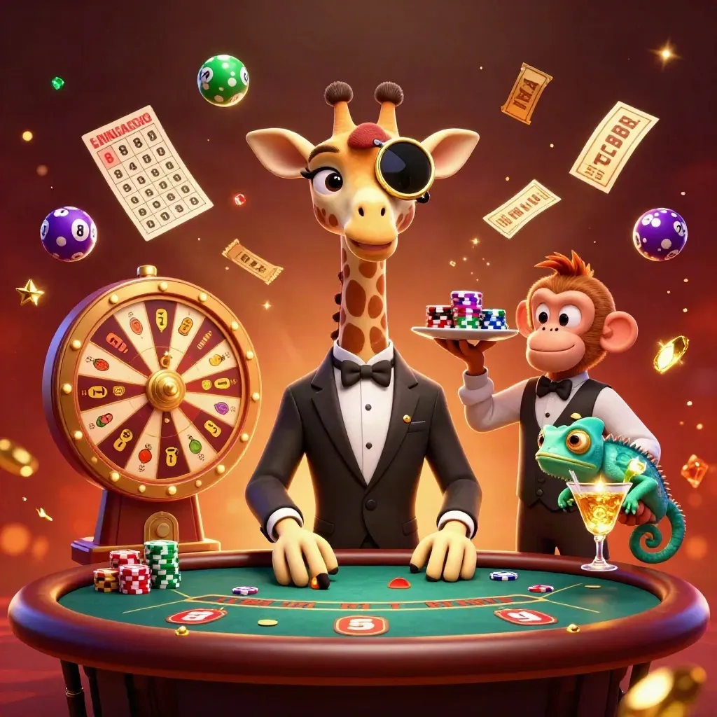 Elegante Giraffe, Affe und Chamäleon im Casino-Glanz mit goldenen Effekten.