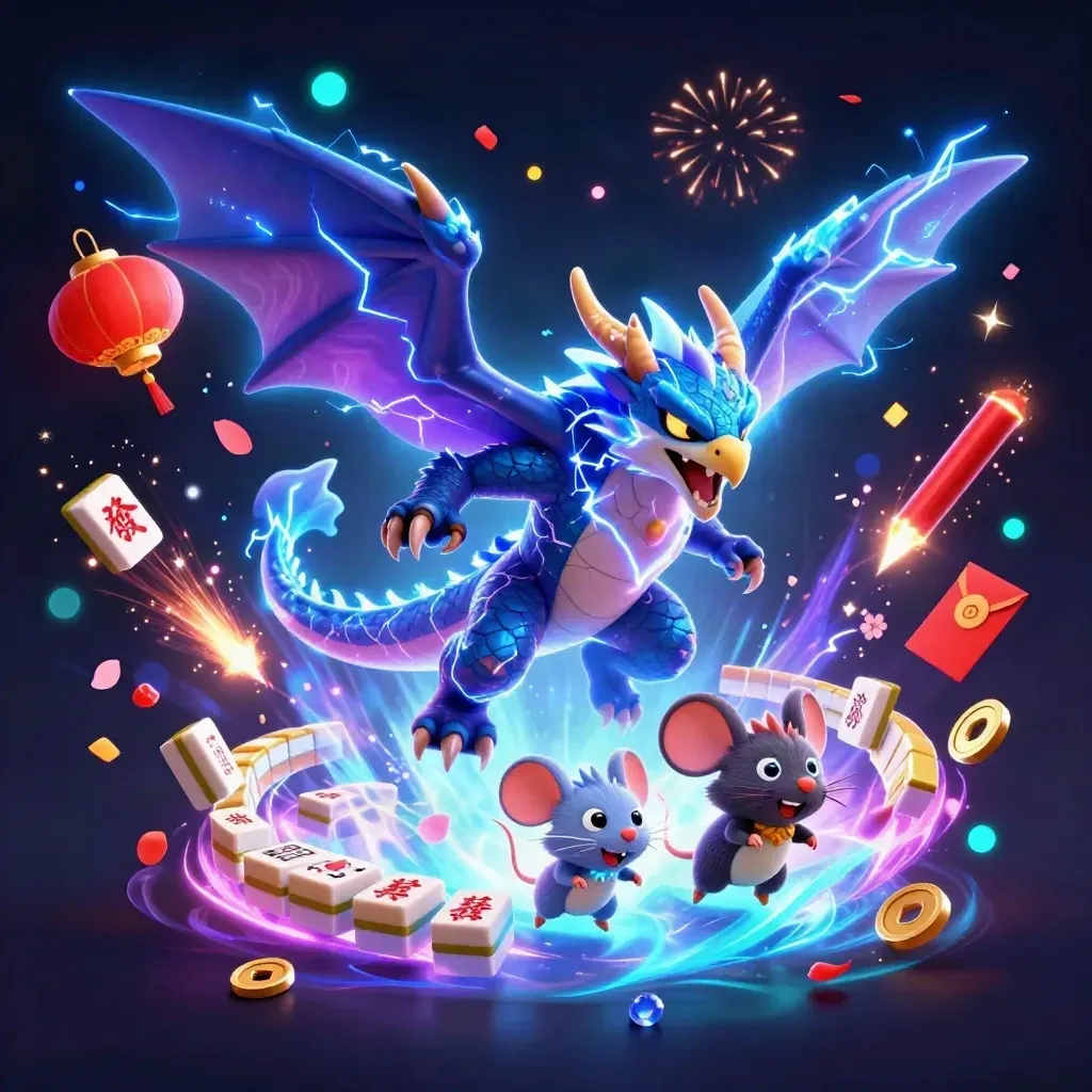 Blitzdrache, Windfalke und Maus explodieren in Gold, Neon und Glücksresten.