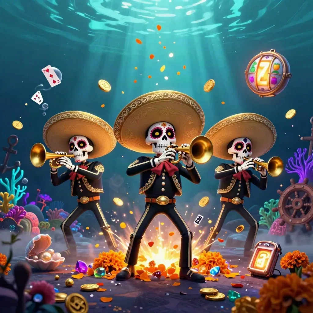 Drei Skelett-Mariachis im Unterwasser-Schatzcove mit Goldregen und Neonviolett.