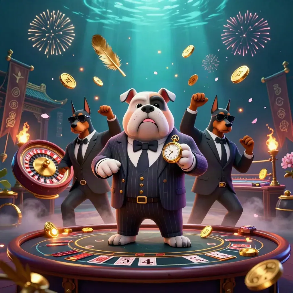 Bulldog-Mafioso mit Dobermännern vor Goldregen, Roulette und Tempelgate im Casino-Glow.