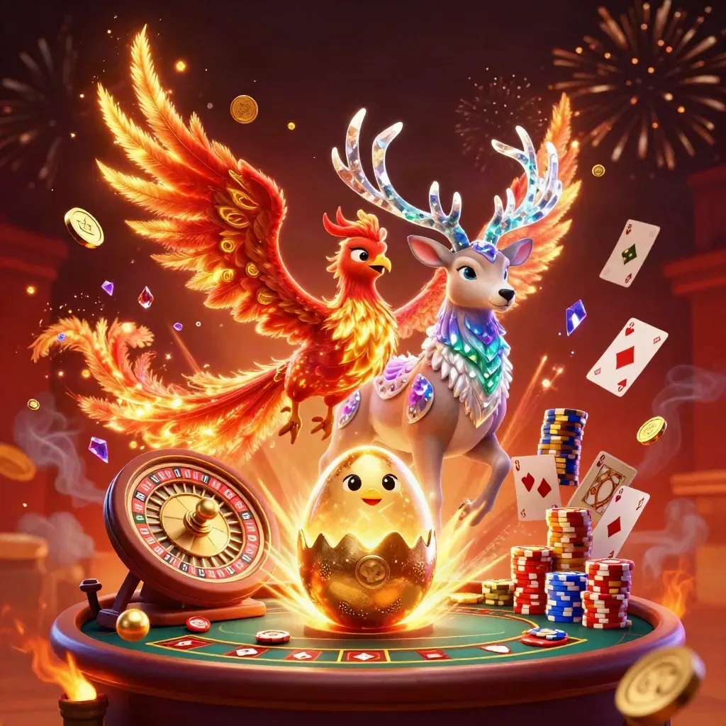Feuerphönix, Jungtier und Hirsch mit Kristallgeweih, umgeben von Münzen, Karten und Roulette.