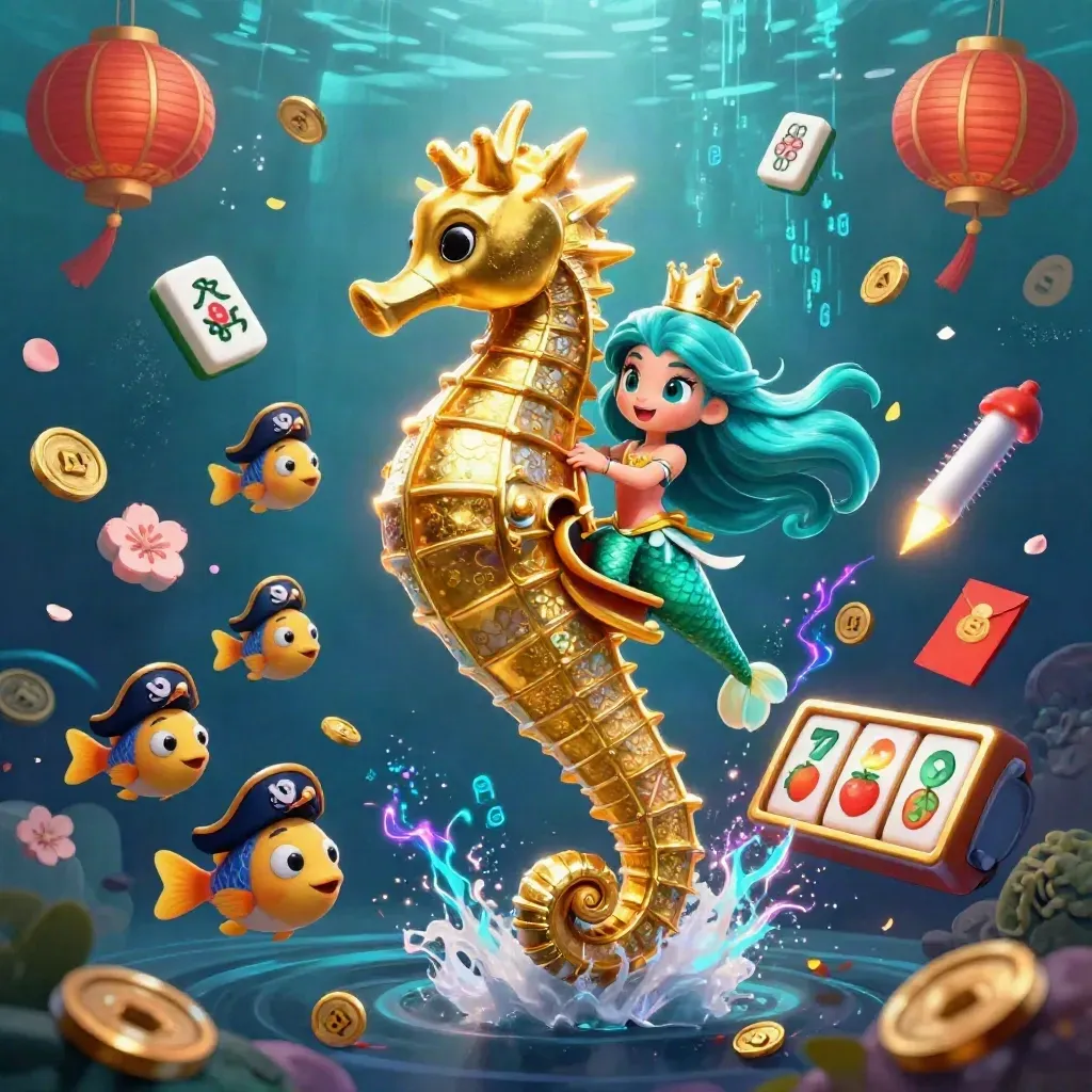 Mermaid mit goldener Seepferdchen-Rüstung, Fische, Münzen und Casino-Glühen im Unterwasser-Actionstil.