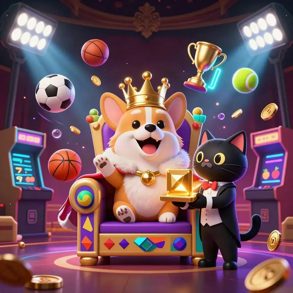 Königlicher Corgi und Katzenbutler auf Pokerchip-Thron, umgeben von Casino-Glanz und Slot-Symbolen.