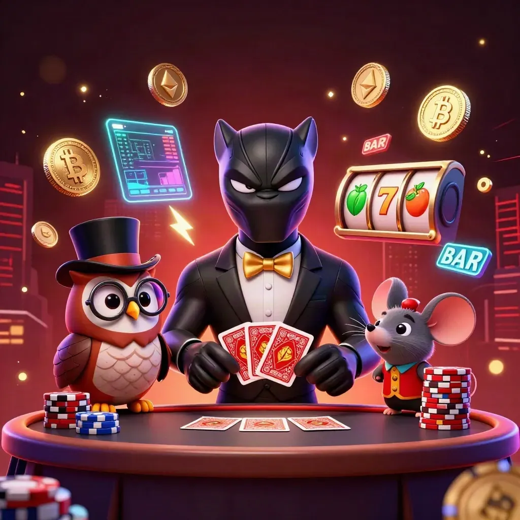 Panther, Eule und Maus im Casino-Glanz vor dunklem Rot-Schwarz mit Coins und Lichtblitzen.