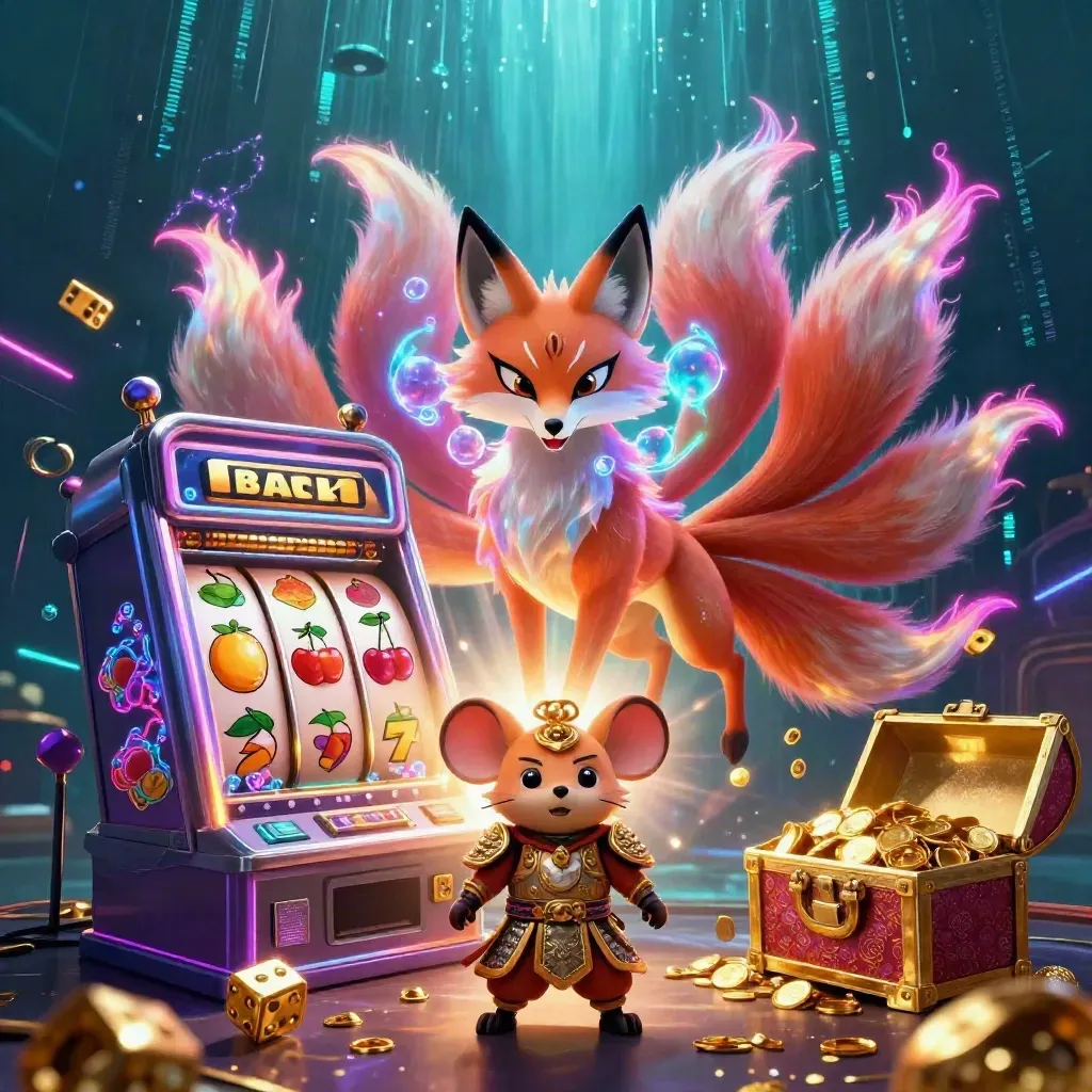 Neunschwänziger Fuchsgeist mit Samuraimaus, Slot-Symbolen und Goldrausch im Unterwasser-Glühen