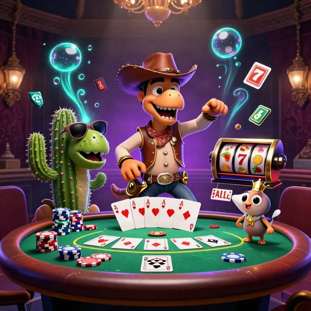 Cowboy-T-Rex, Kaktus und Roadrunner um Pokerchips, Slots und goldene Casino-Glut