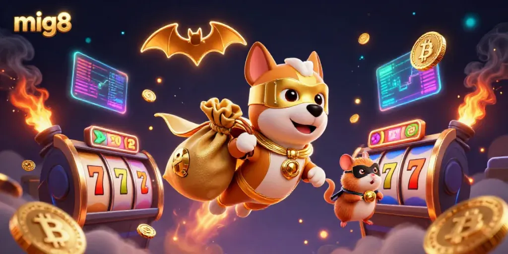 Superhero dog from mig8 flying with coins above a dynamic casino scene adorned with slot machines.
