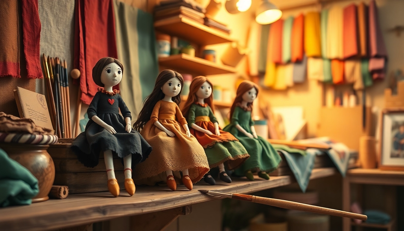 Kreative Gutdolls auf einem Holzregal in einem gemütlichen Atelier mit verschiedenen Stoffen.