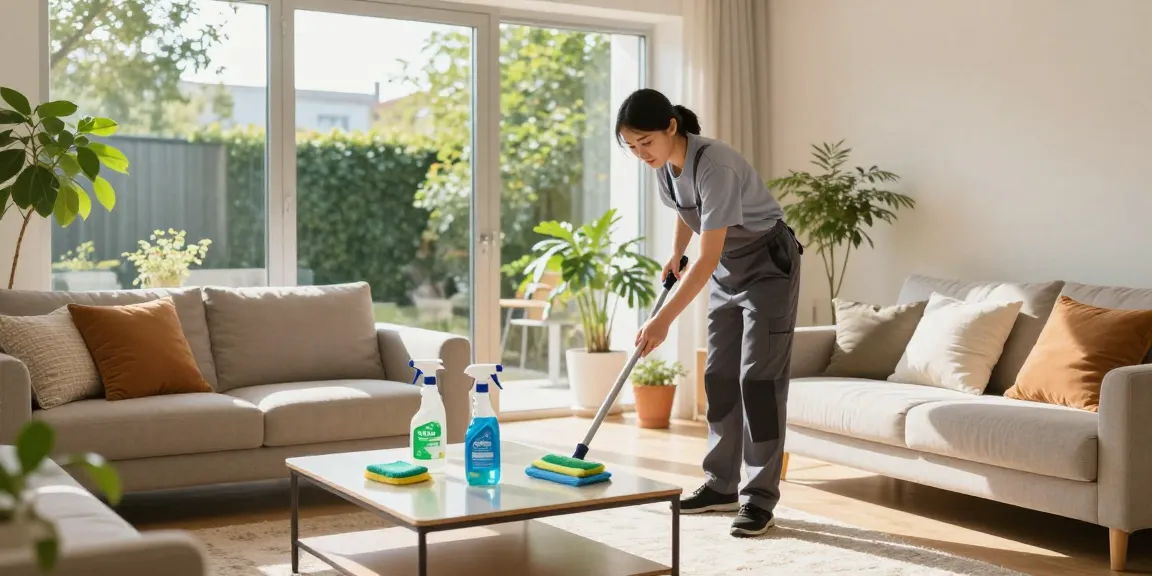 Professional cleaner performing wohnungsreinigung bern in a modern apartment living room.