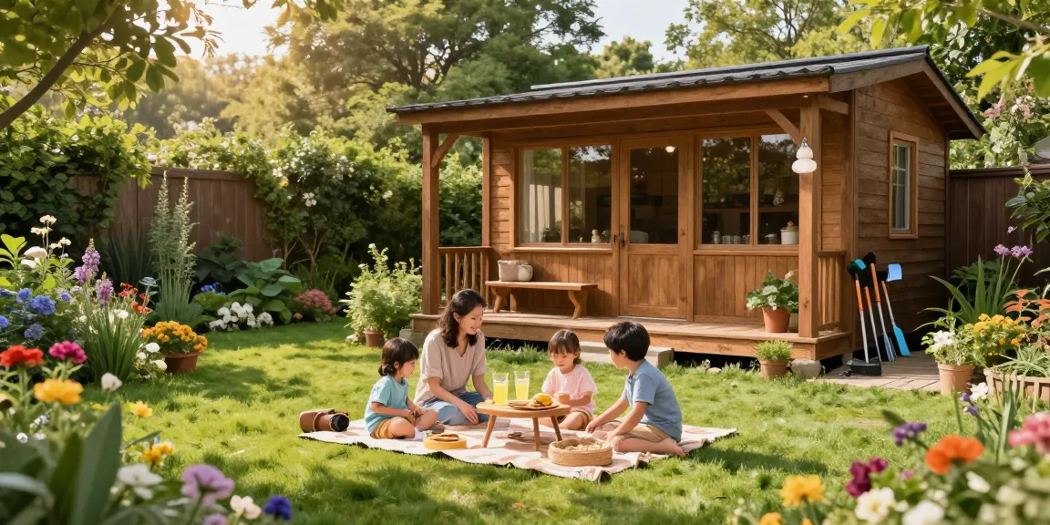Wunderschönes Gartenhaus in einer blühenden Gartenlandschaft mit einer Familie, die ein Picknick genießt.