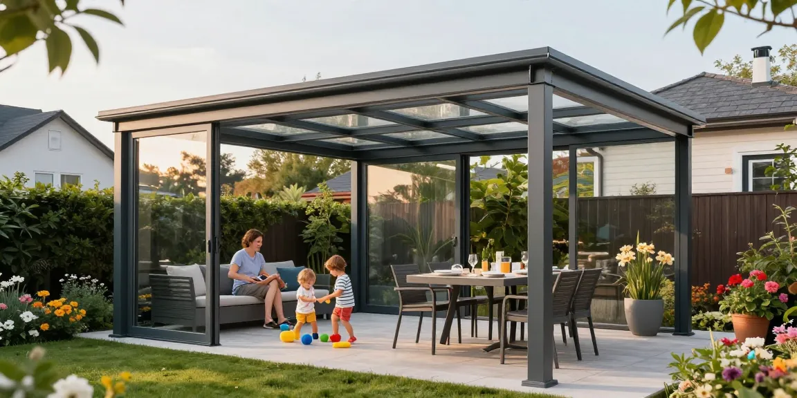 Moderne Terrassenüberdachung mit Glasdach, Familie genießt sonnigen Tag im Garten.